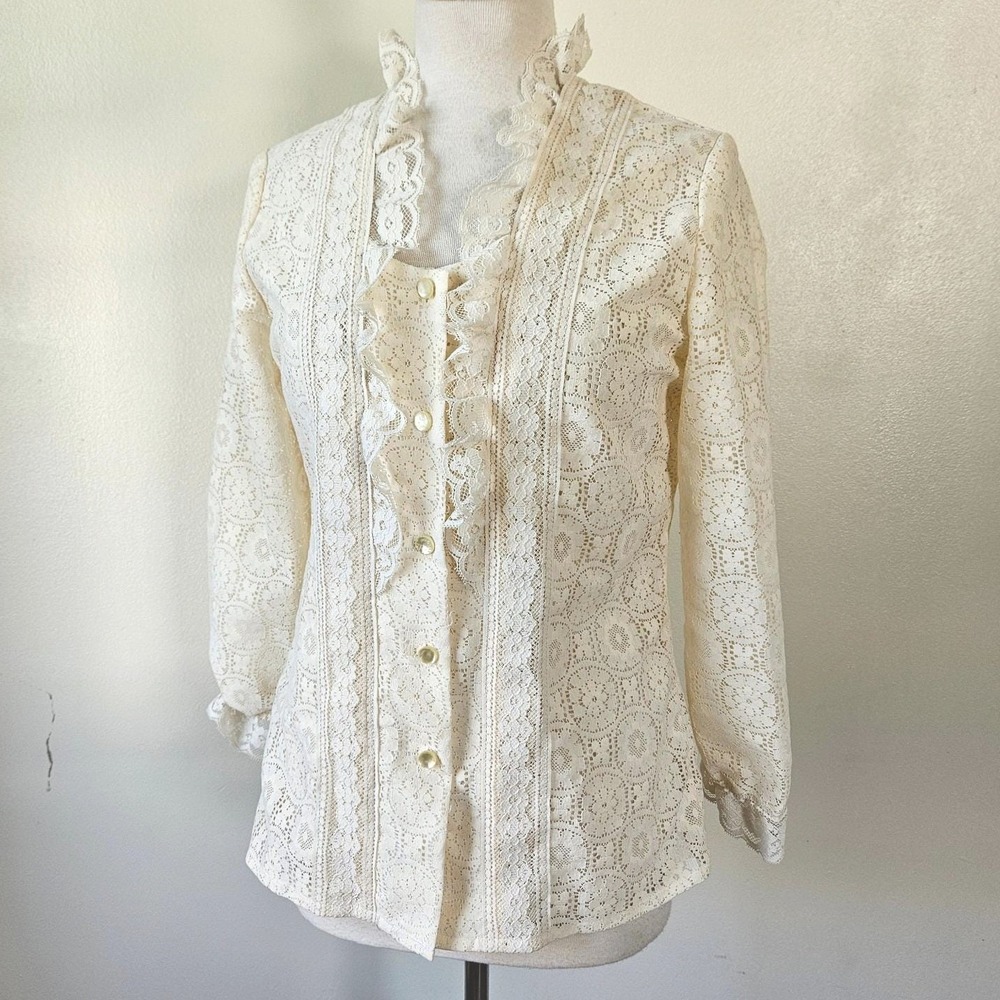 Tumbleweeds Vintage 70s Ruffle Mod Hippie Lace Button Front Long Sleeve Blouse M